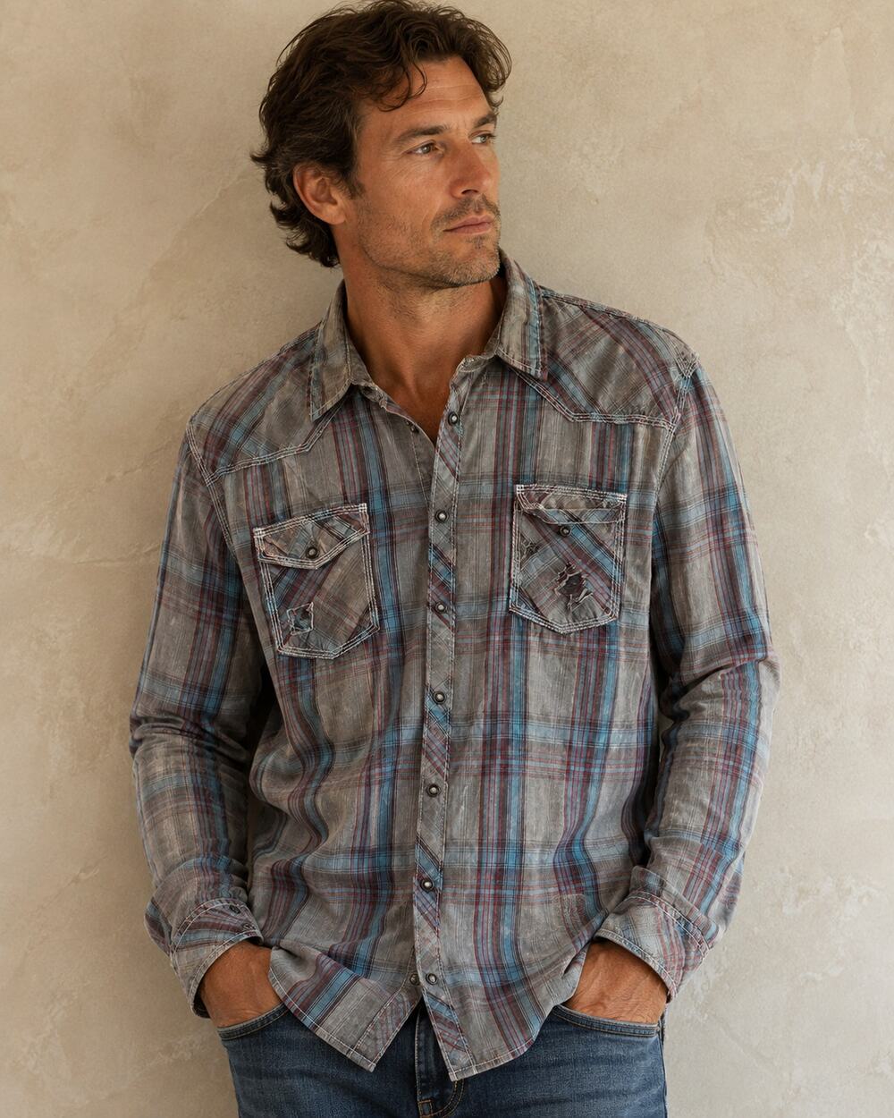 BKE vintage tailored fit XXL distressed plaid button up shirt cowboy pearl snap